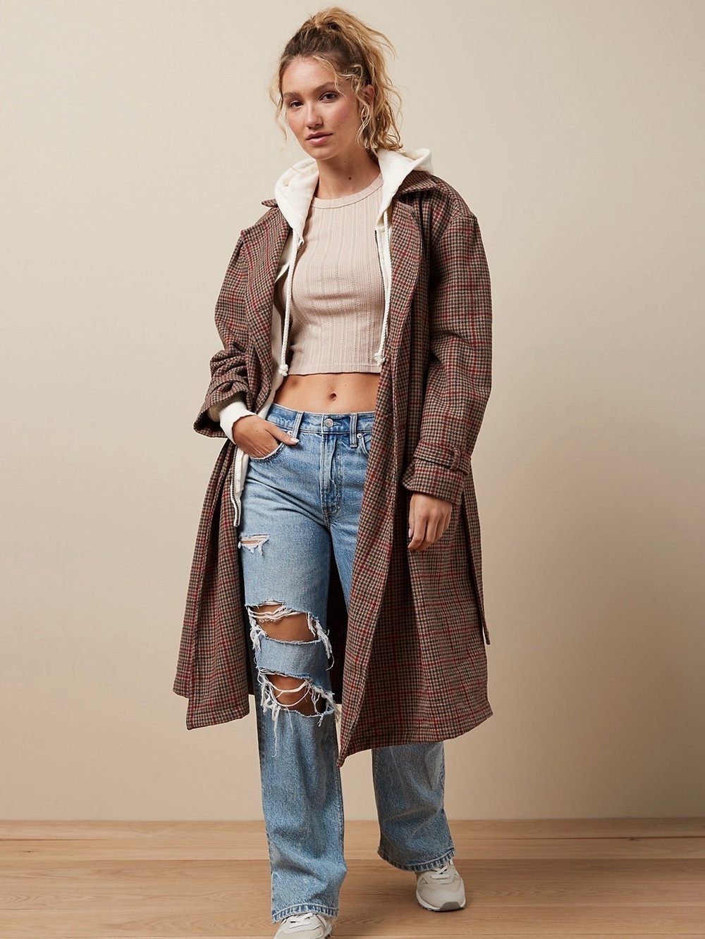 American Eagle Outfitters Plaid Trench Coat in Brown and Red Tones